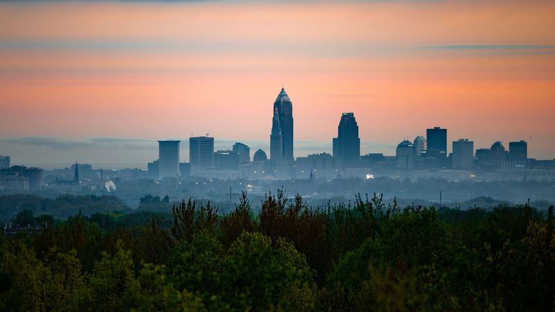 city, buildings, fog, panorama, architecture, view, trees, 4k
