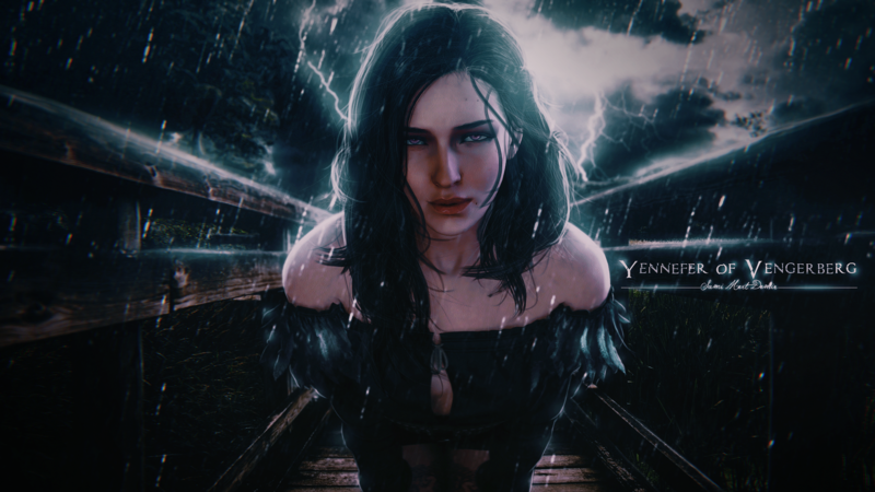 Yennefer of Vengerberg, The Witcher 3: Wild Hunt, video games, photo manipulation, rain, lightning, fantasy girl, The Witcher, frontal view
