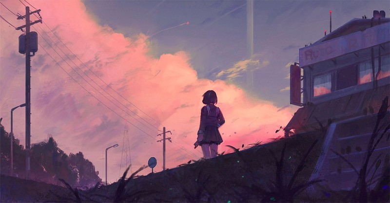 anime girls, sunset, sky, artwork, painting, digital art, moescape