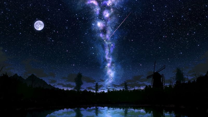 starry sky, glow, art, dark, lake, reflection, 4k