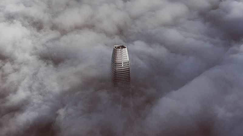 skyscraper, clouds, aerial view, building, top, height, 4k