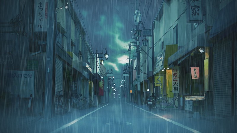 Japan, street, cityscape, clouds, rain, landscape, Asian, illustration