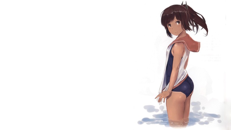 school swimsuits, white background, brown skin, Kantai Collection
