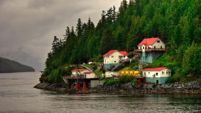 architecture, building, house, trees, forest, lake, HDR, stones, British Columbia, Canada, water, pine trees