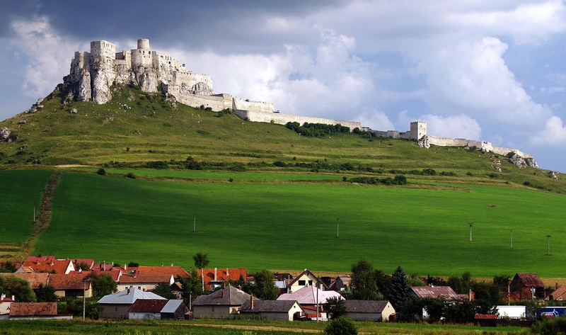 architecture, building, house, Slovakia, hills, castle, village, field, grass, ancient, clouds, ruin, trees
