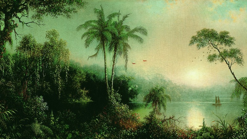 nature, landscape, Nicaragua, painting, artwork, palm trees, jungle, water, trees, sailing ship, clouds