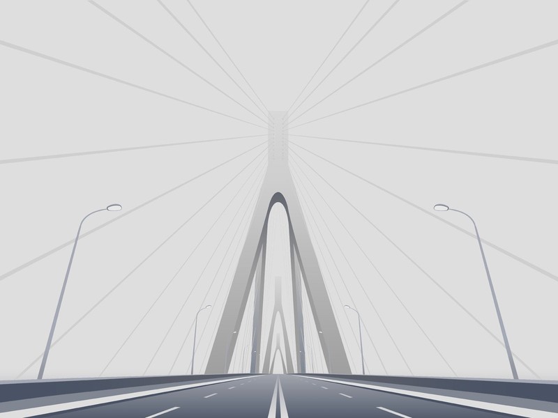 architecture, digital art, minimalism, bridge, symmetry, street light, lamp, road, ropes, vector art