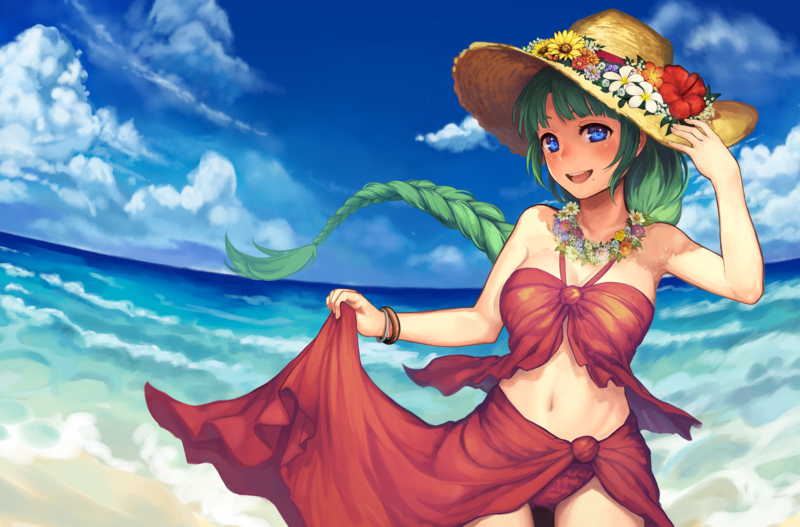 Kantai Collection, Yuugumo (KanColle), blue eyes, green hair, ponytail, straw hat, red swimsuit