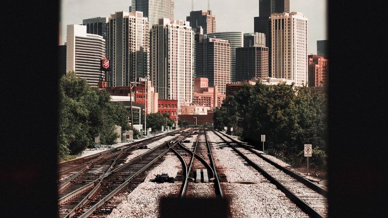 rails, railway, city, buildings, architecture, 4k