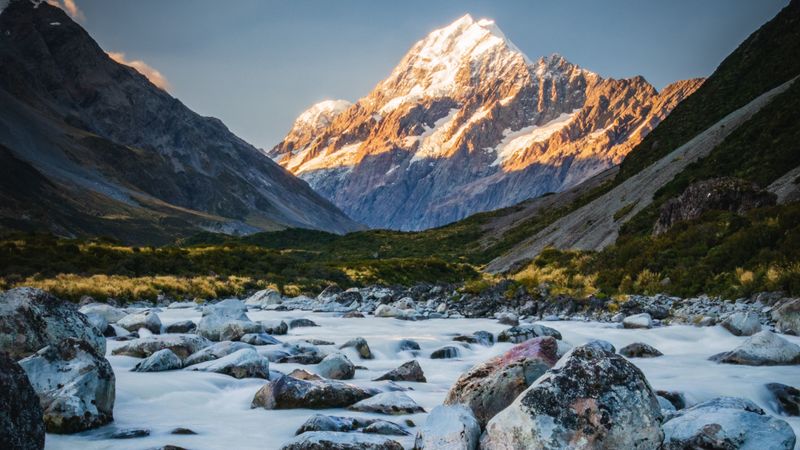 mountains, river, stones, landscape, nature, 4k