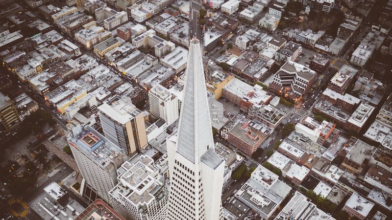 city, aerial view, tower, skyscraper, buildings, roofs, 4k