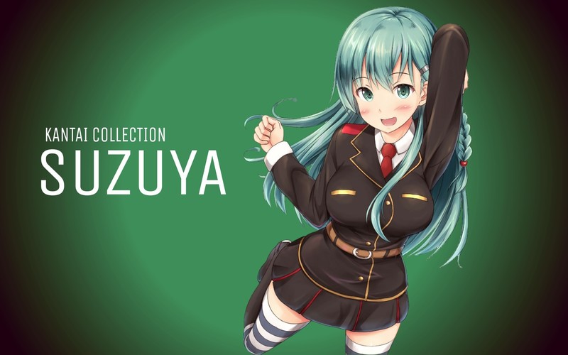 Suzuya (KanColle), Kantai Collection, green background, big boobs, aqua hair