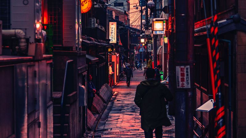 lane, city, people, buildings, signs, wires, 4k