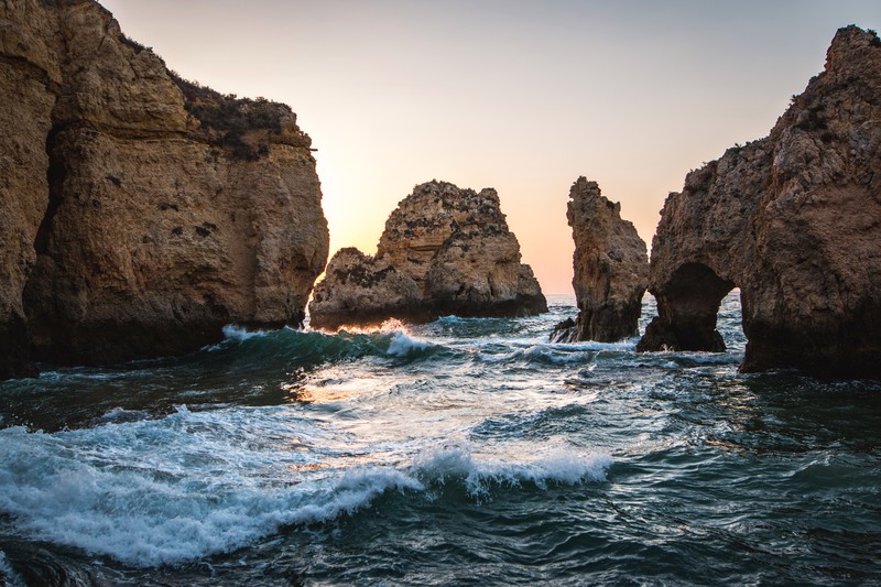 Portugal, water, sunrise, Sun, Europe, rocks, cliff, beach