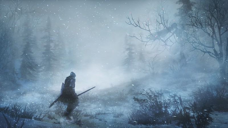 Dark Souls III, Dark Souls, video games, knight, sword, forest, trees, snow, snowing