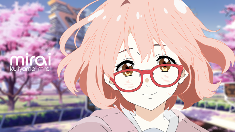 Kyoukai no Kanata, anime girls, Kuriyama Mirai, short hair, women with glasses, fan art, 2D, sakura (tree), render, brown eyes