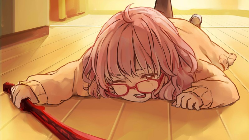 Kyoukai no Kanata, anime girls, Kuriyama Mirai, short hair, women with glasses, women with swords, blood, pantyhose, redhead, fan art, 2D