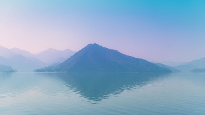 island, fog, sea, hills, reflection, 4k
