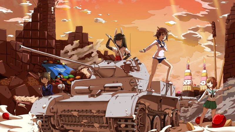 Girls und Panzer, anime, Strike Witches, Brave Witches, sweets, animal ears, short hair, anime girls, tank, Nishizumi Miho, crossover, sky, Miyafuji Yoshika