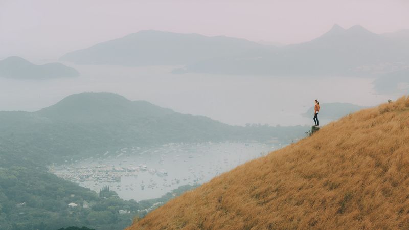 hill, girl, view, bay, fog, 4k