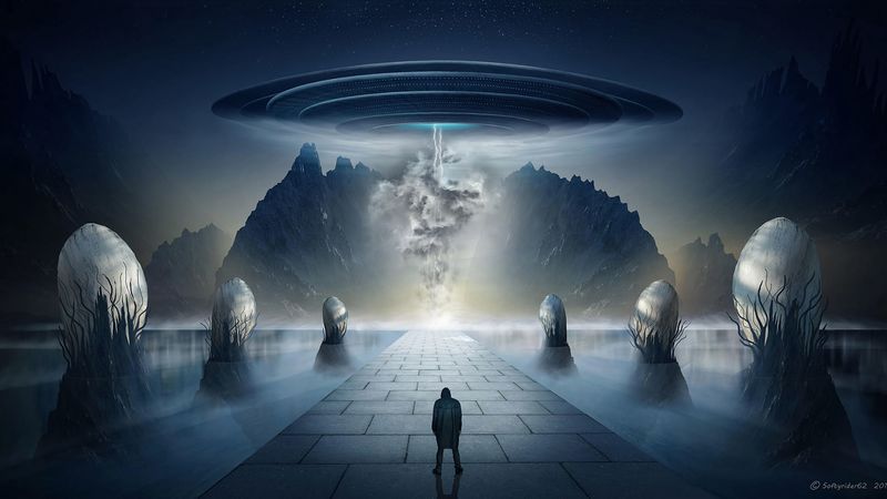silhouette, ufo, art, lake, rocks, cloud, lightning, 4k