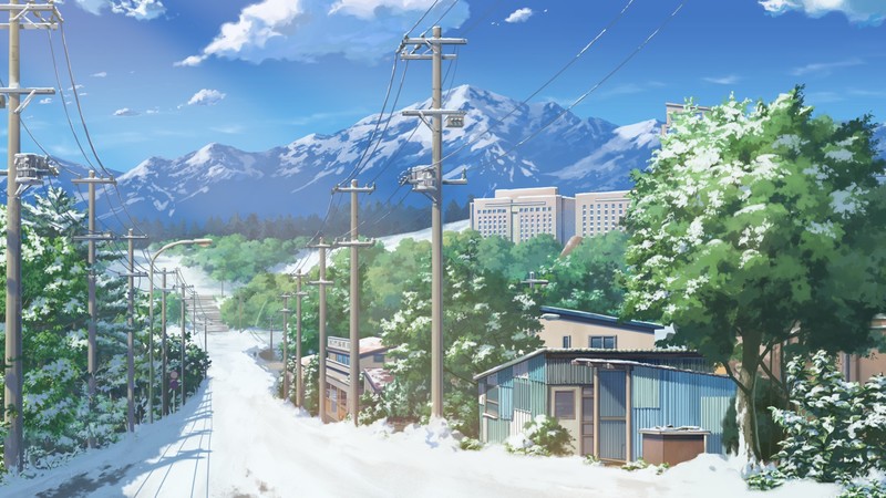anime, urban, mountains, trees