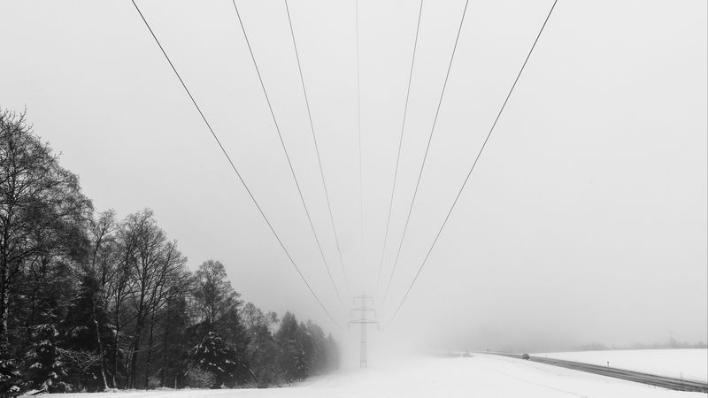 wires, pole, electricity, snow, winter, trees, 4k