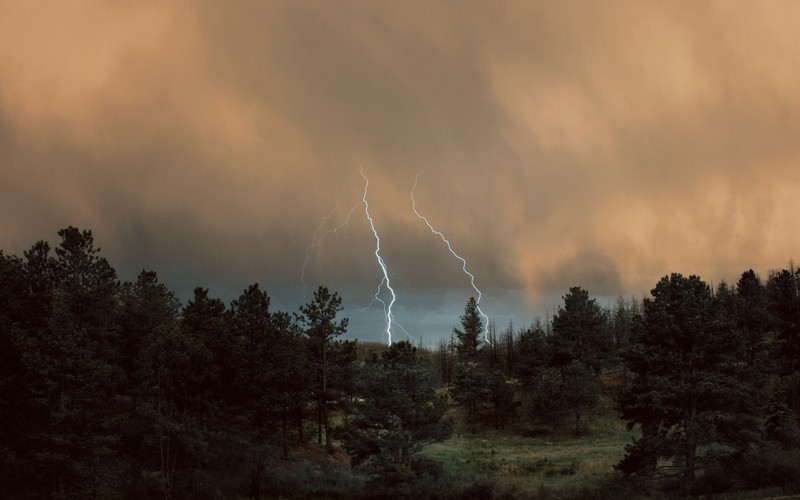 lightning, clouds, forest, trees, water