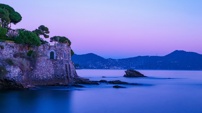 nature, landscape, mountains, Italy, sea, evening, rock, fortress, old building, long exposure, clear sky