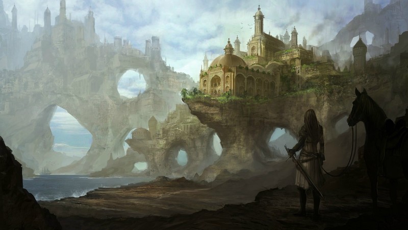artwork, fantasy art, castle, horse, architecture, sea, hill, hills