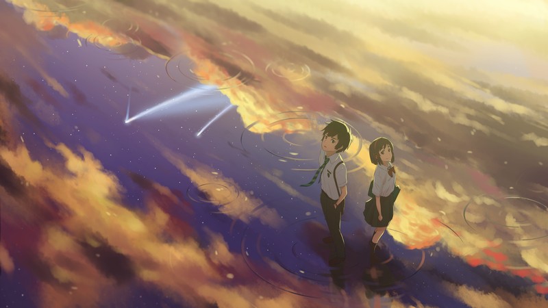 Kimi no Na Wa, Your Name, anime, sky, water, reflection, tie, anime boys, anime girls