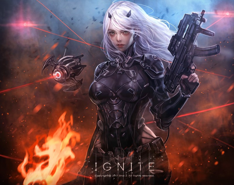 original characters, long hair, gray hair, weapon, armor, fire, watermarked