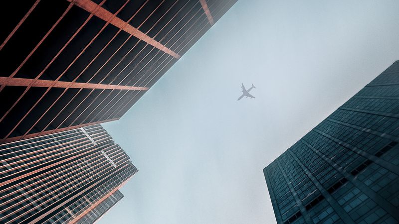 buildings, skyscrapers, plane, facades, view from below, 4k