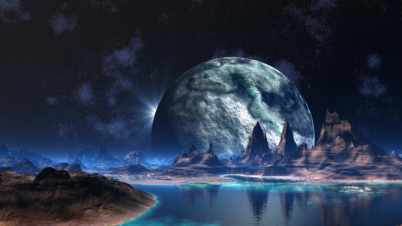 space, fantasy art, artwork, world, alien world, stars, Moon, river, water, natural light, mountains