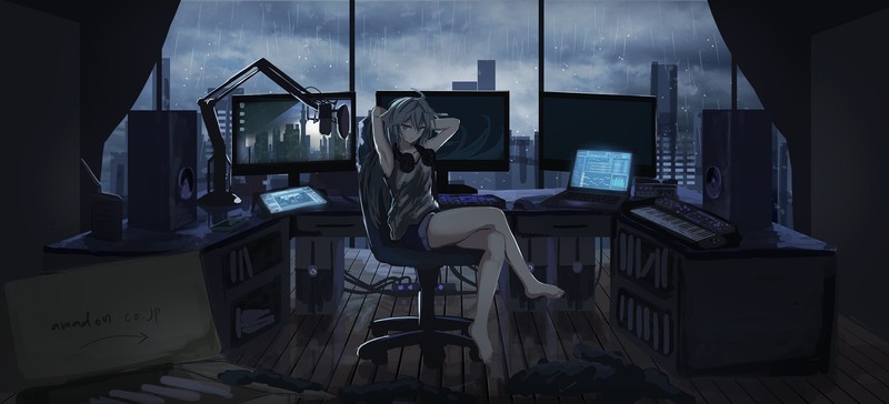 digital art, PC gaming, multiple display, monitor, microphone, rain, window, office, women, gray hair, curtains, headphones