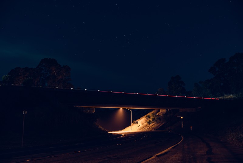 road, bridge, lights, night, stars