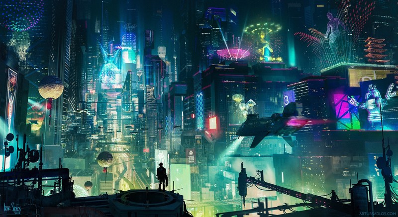 cyberpunk, cityscape, city, skyscraper, building, futuristic, futuristic city, lights, night, metropolis, digital art, advertisements, street light, street