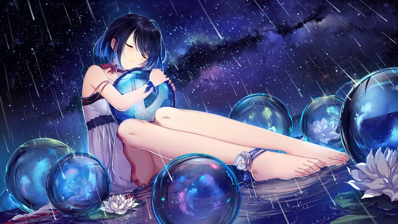 anime, anime girls, legs, rain, sphere, closed eyes, barefoot, sky, blue hair, sitting