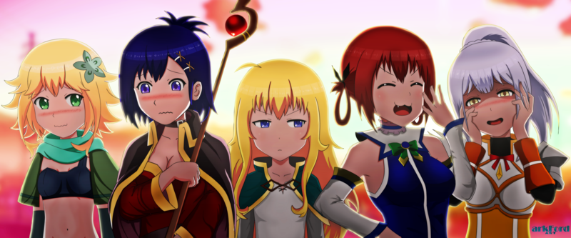 Gabriel Dropout, Kono Subarashii Sekai ni Shukufuku wo!, crossover, anime girls, fan art, Gabriel White Tenma, Raphiel Ainsworth Shiraha, Satanichia McDowell Kurumizawa, Vignette April Tsukinose