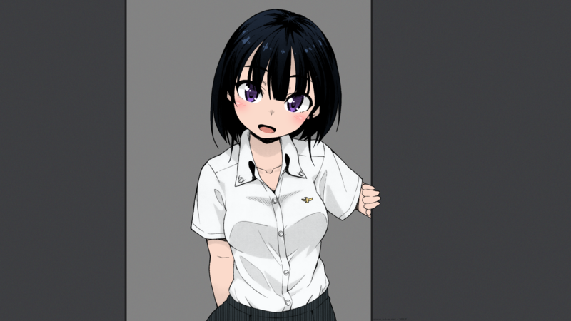 short hair, purple eyes, black hair, schoolgirl, school uniform, smiling, anime, manga, anime girls