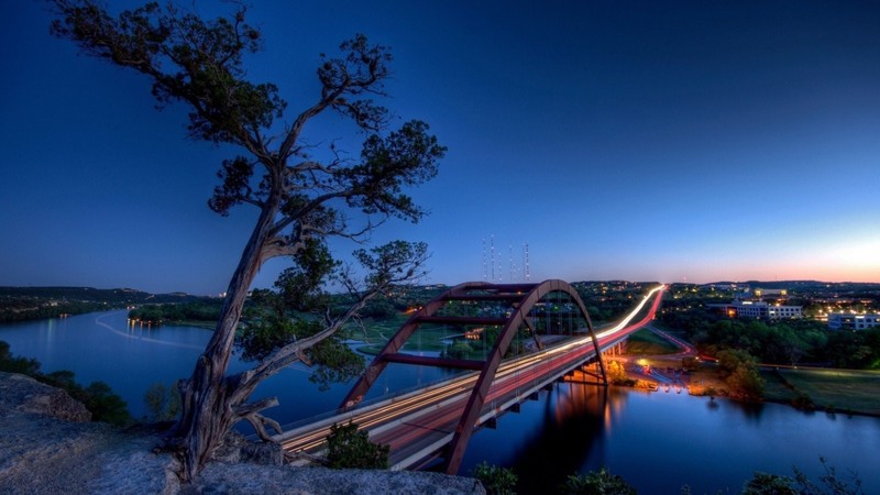 bridge, Pennybacker Bridge, sunset, river, Austin (Texas), light trails, long exposure