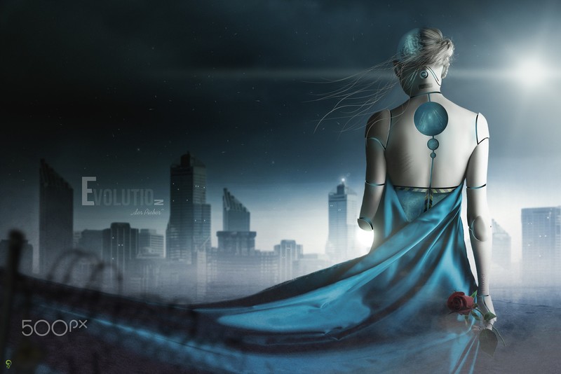 science fiction, robot, machine, futuristic, 500px, digital art, women, cityscape, night, lights, rose, dress, cyan