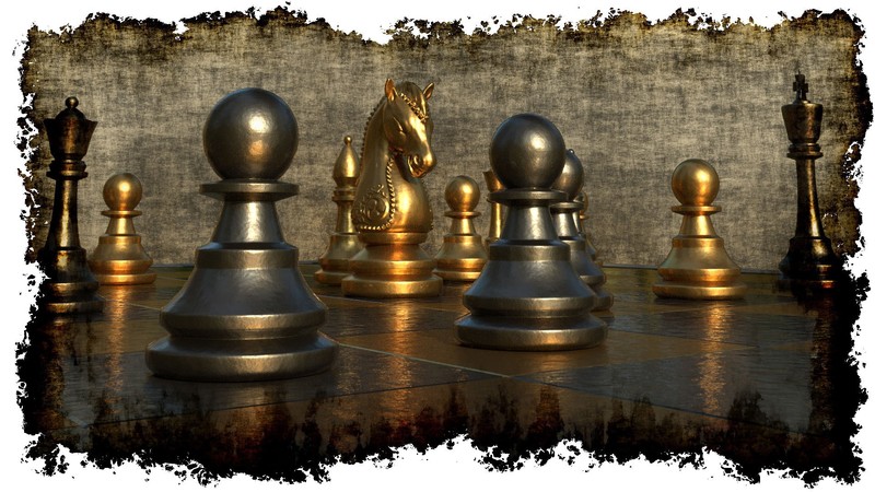 chess, board games, digital art, pawns, gold