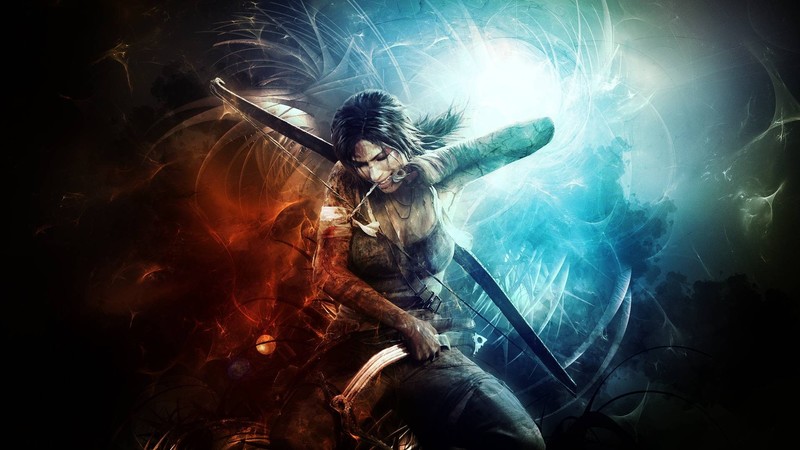 video games, Lara Croft, Tomb Raider, archer, cyan, red, injured