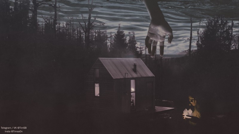 dark, forest, artwork, hut, surreal