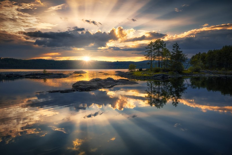 sunset, reflection, water, Norway, Sun, nature, sky