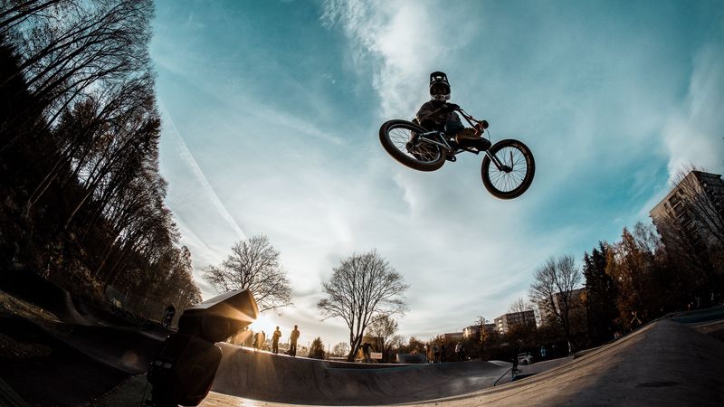 cyclist, trick, bicycle, helmet, sky, 4k