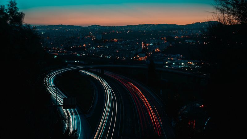 night city, long exposure, road, horizon, 4k