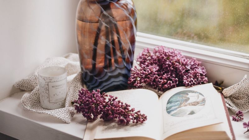 lilac, book, vase, comfort, window, 4k