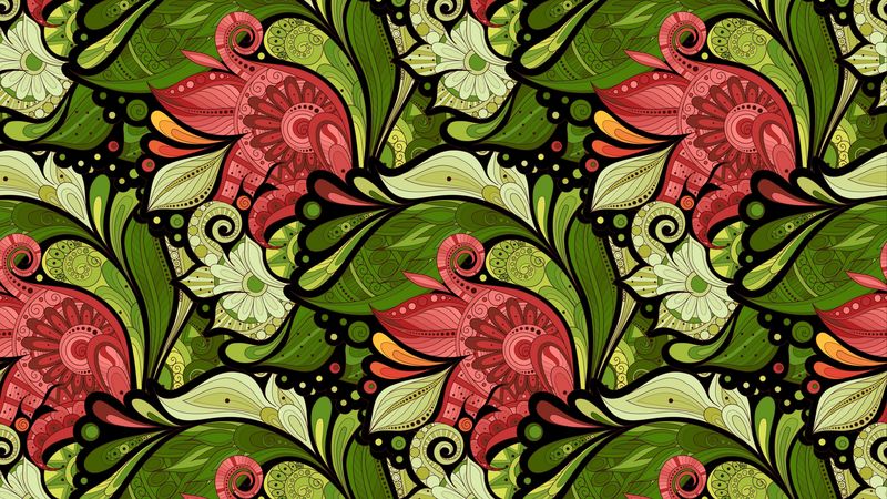 doodles, patterns, flowers, green, red, 4k